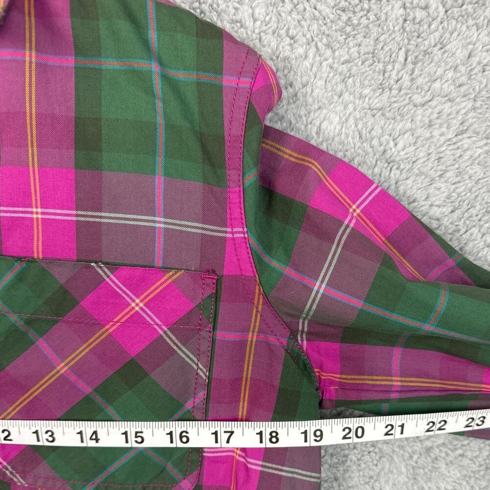 Current/Elliot Women’s Plaid Button Up Shirt Pink Green Fray Hem S Quiet Luxury - Picture 5 of 10